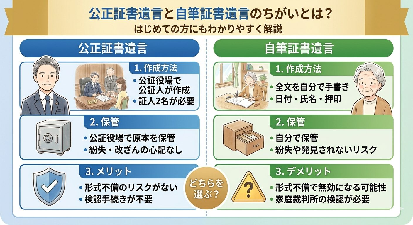 公正証書遺言と自筆証書遺言の違いを説明する画像