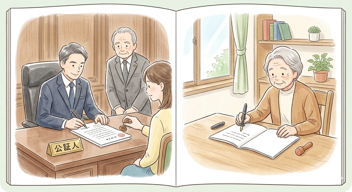 公正証書遺言と自筆証書遺言の違いをイメージした画像