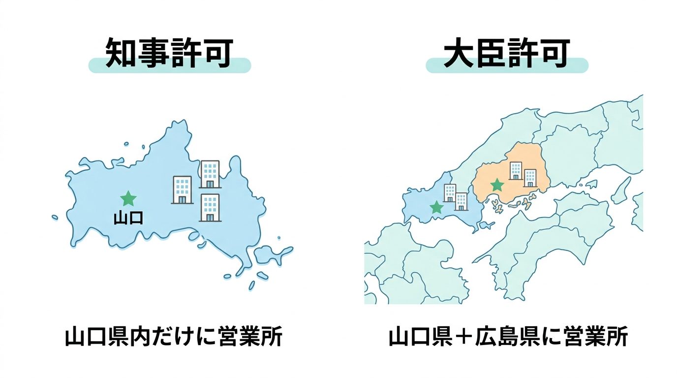 山口県内のみ営業所がある場合は知事許可、山口県と広島県に営業所がある場合は大臣許可であることを示す図