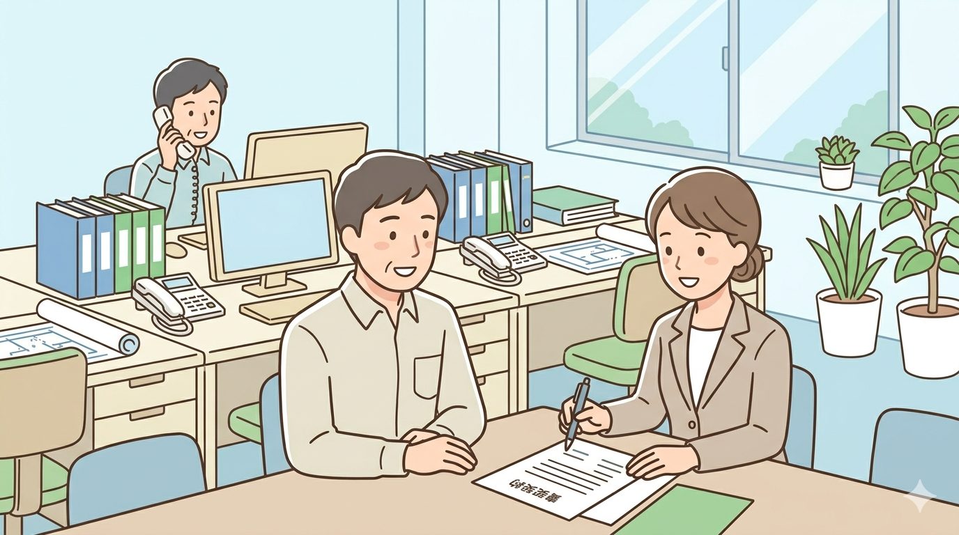 見積や契約を行っている事務所のイラスト
