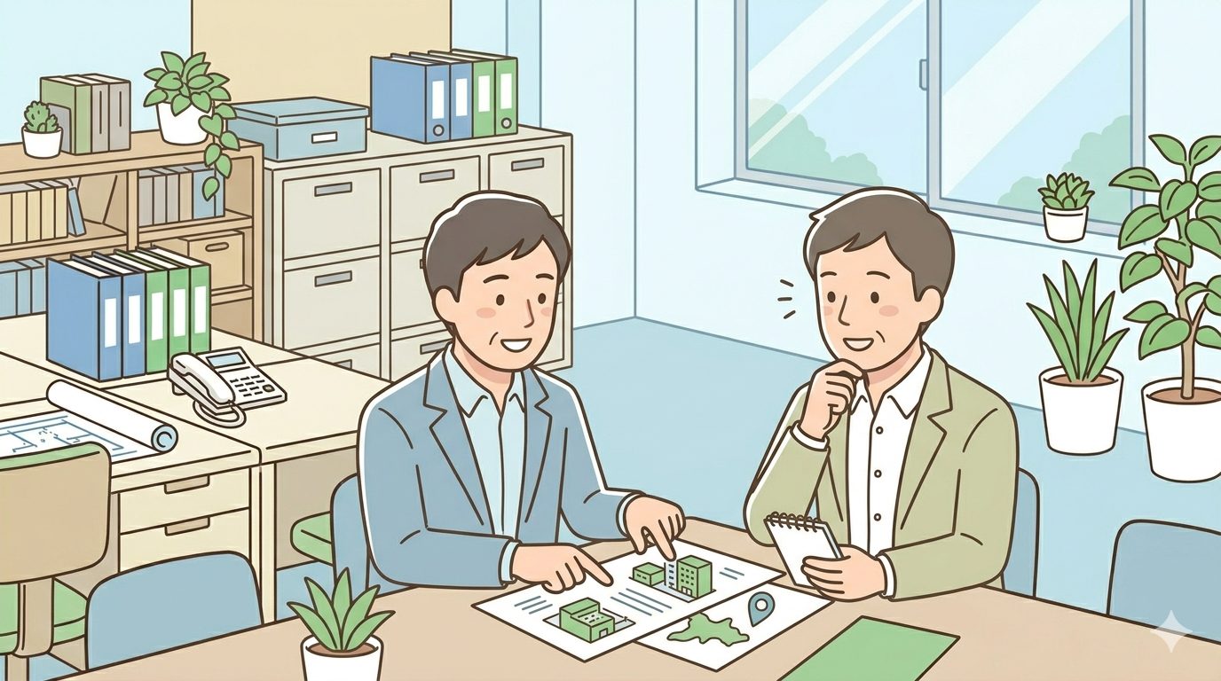 山口県の建設業者と行政書士が相談しているイラスト