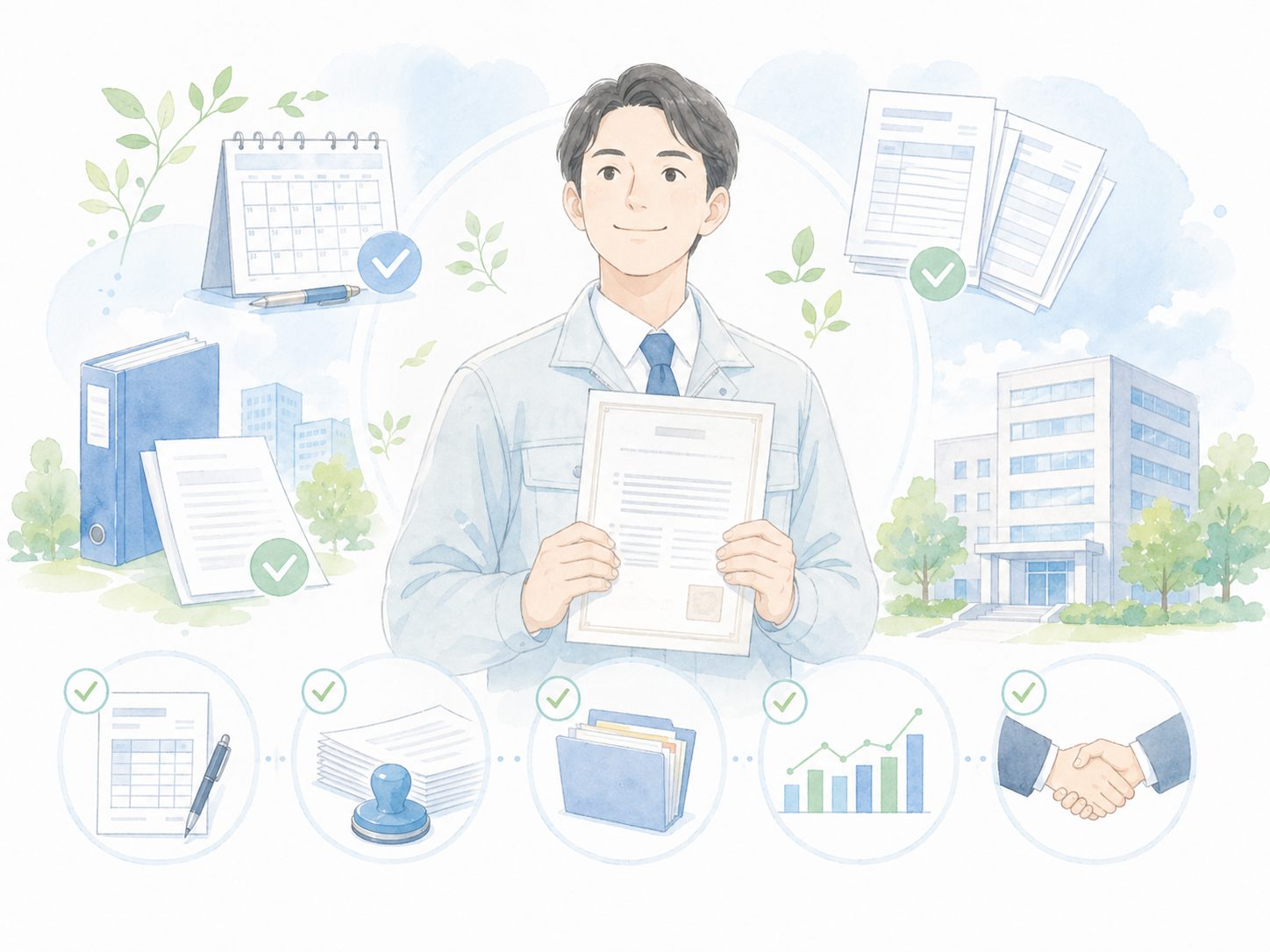 行政書士への相談を促すやさしい街並みのイラスト