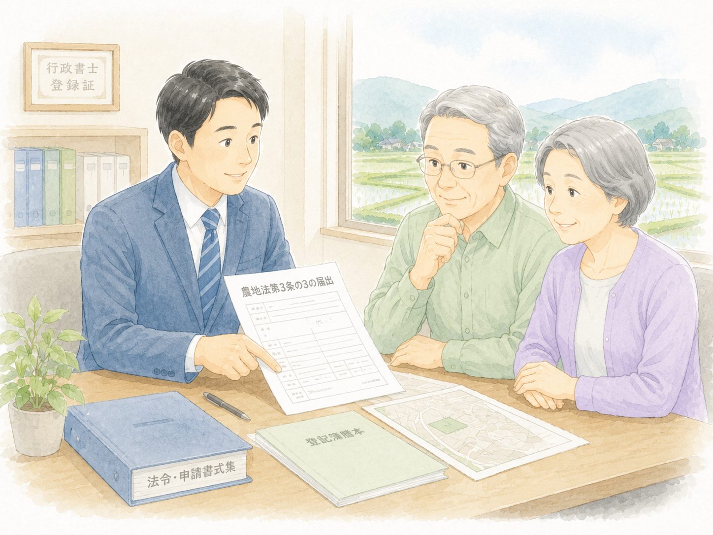 相続した農地を家族で確認しているイメージ