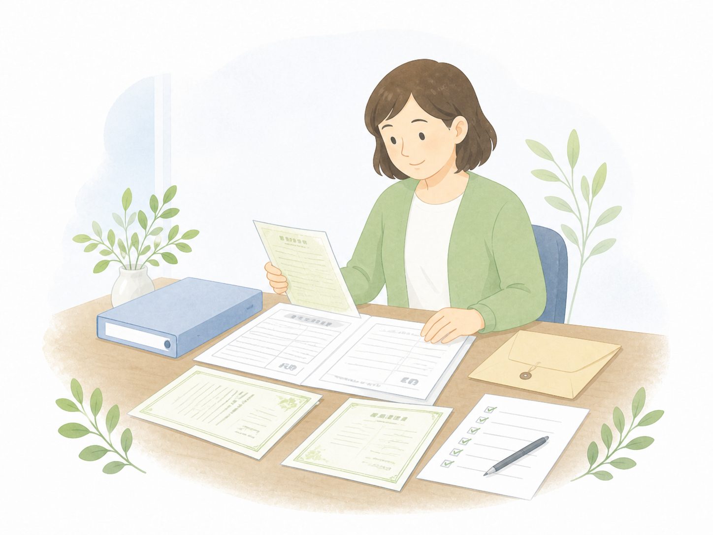 家族が行政書士に相続手続きを相談しているやさしいイラスト