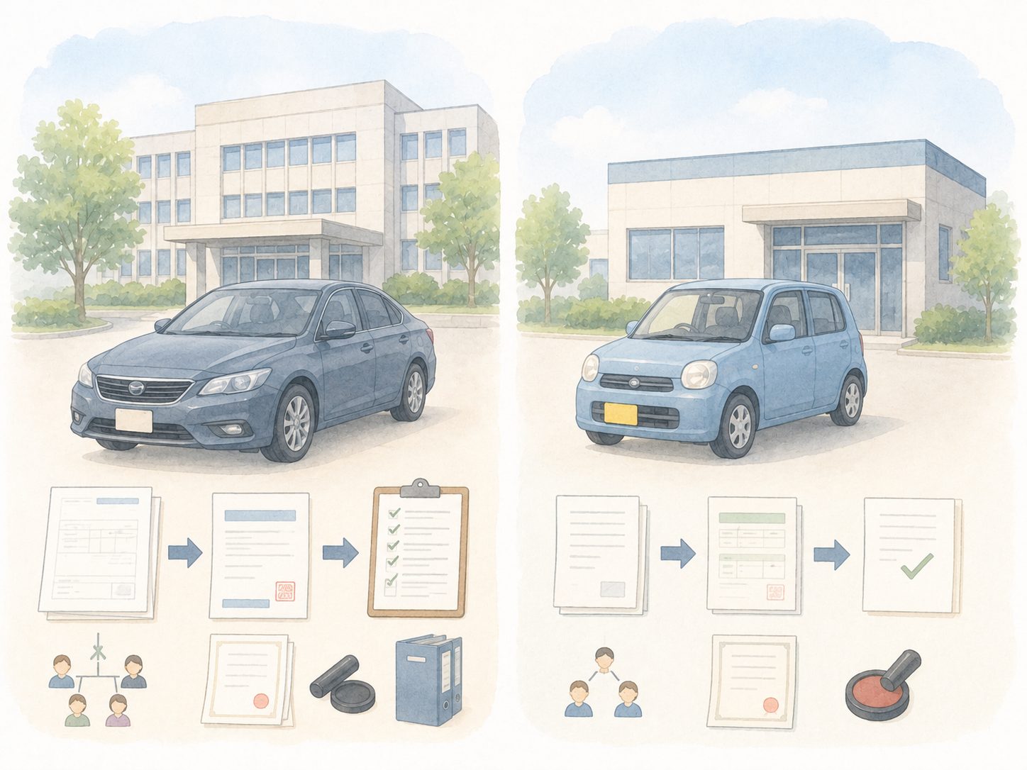 普通車と軽自動車の相続手続きの違いを説明するイメージ
