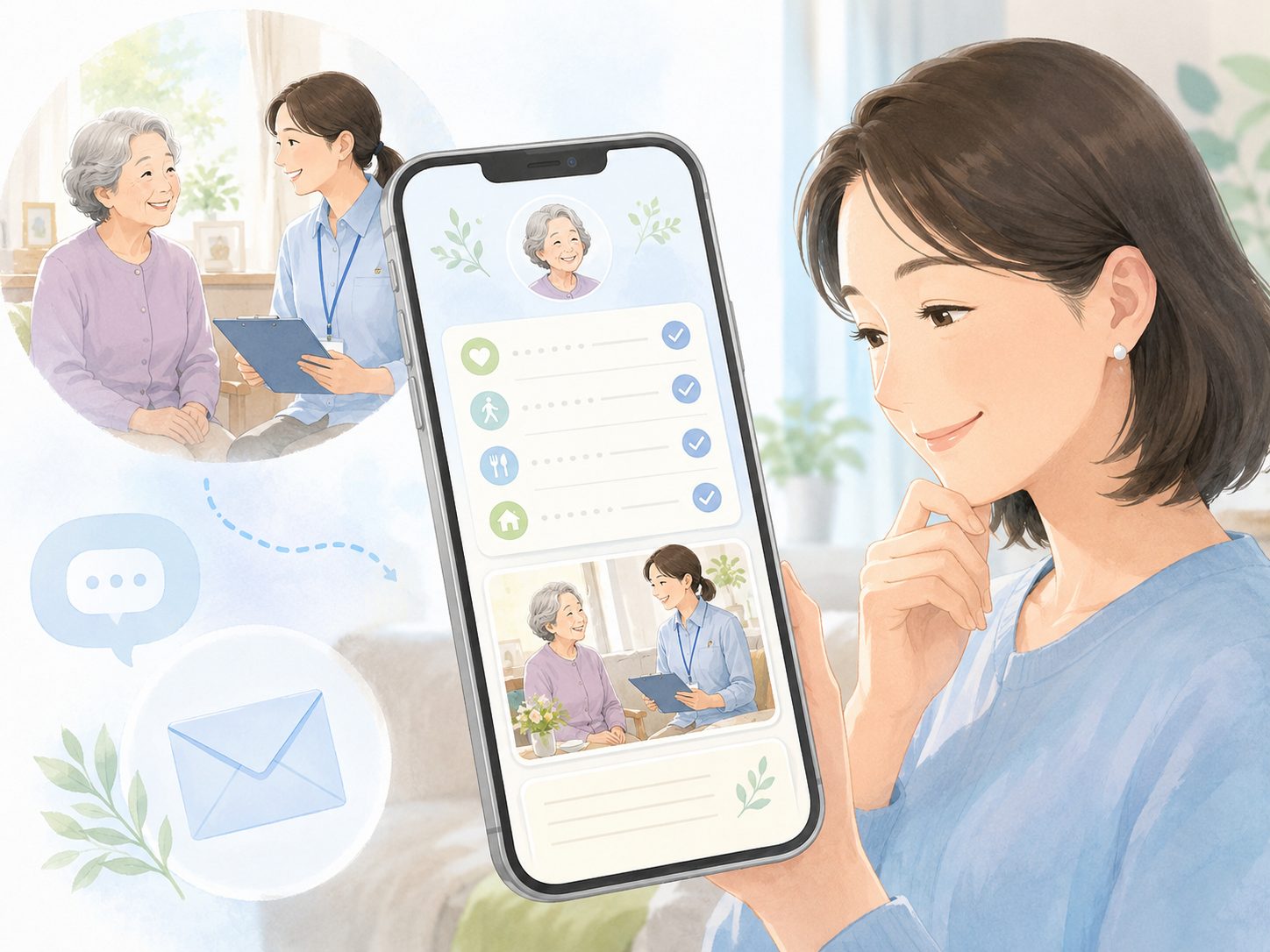見守り訪問後にスマホで報告を受ける家族のイメージ