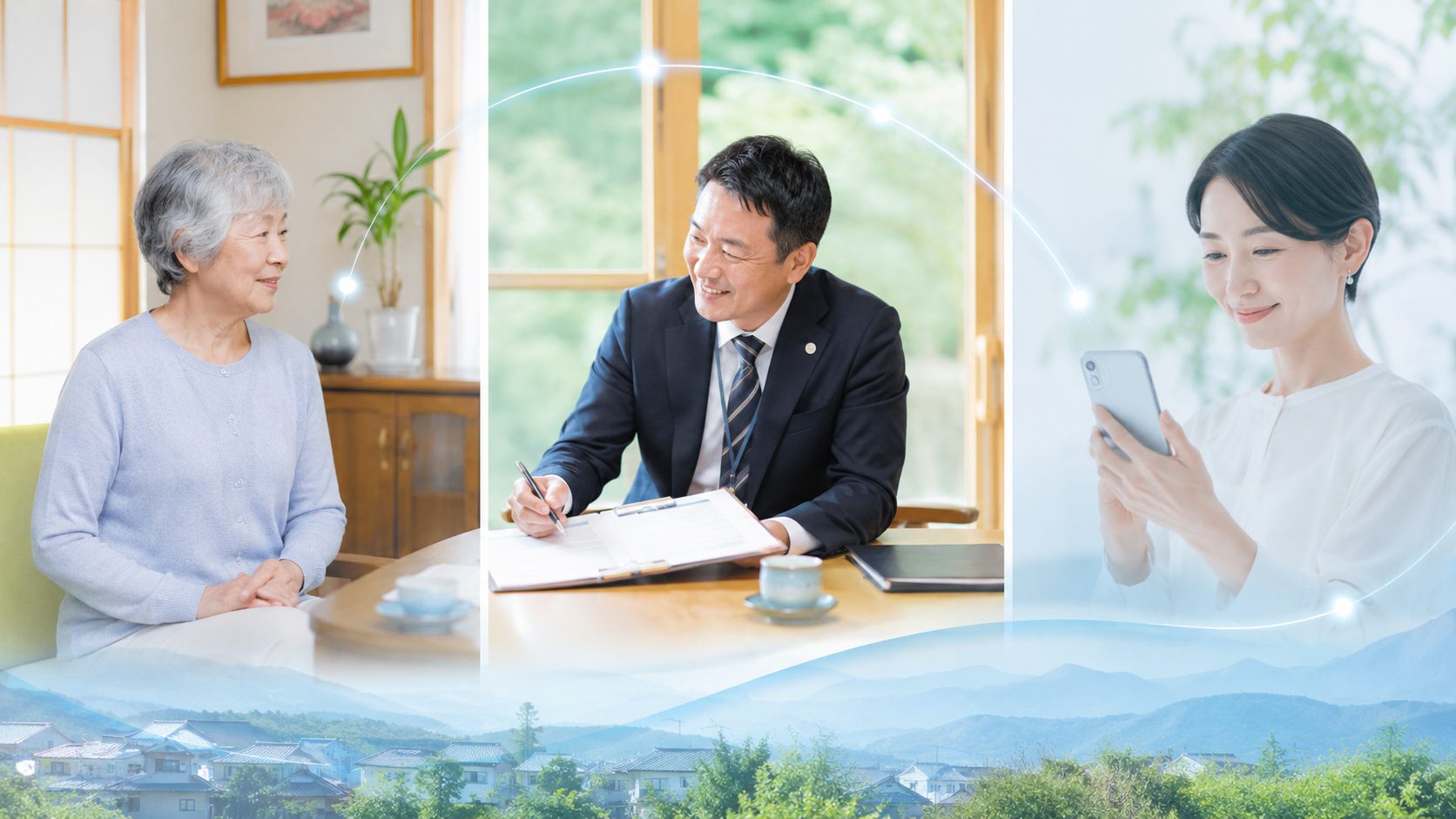 離れて暮らす家族と高齢の親御さんを行政書士がつなぐ見守り訪問のイメージ