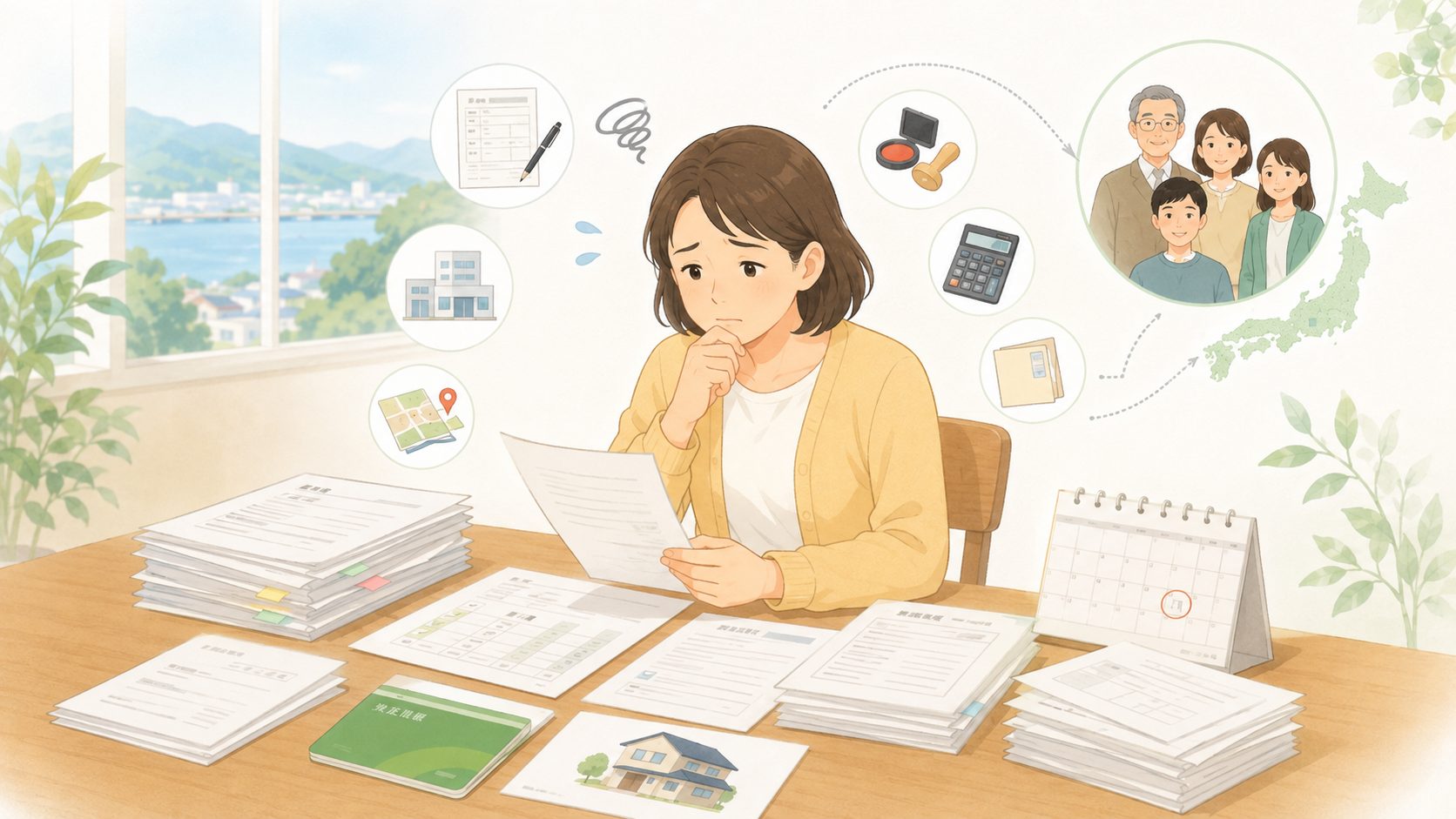 相続手続きの相談から完了までの6ステップを示したイラスト