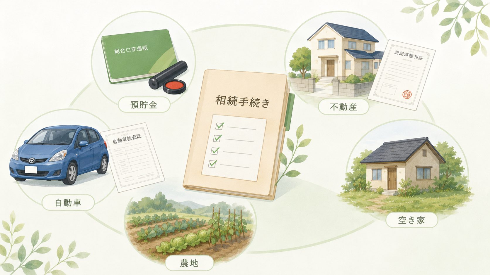 預貯金、不動産、自動車、農地、空き家など周南市で多い相続財産のイラスト