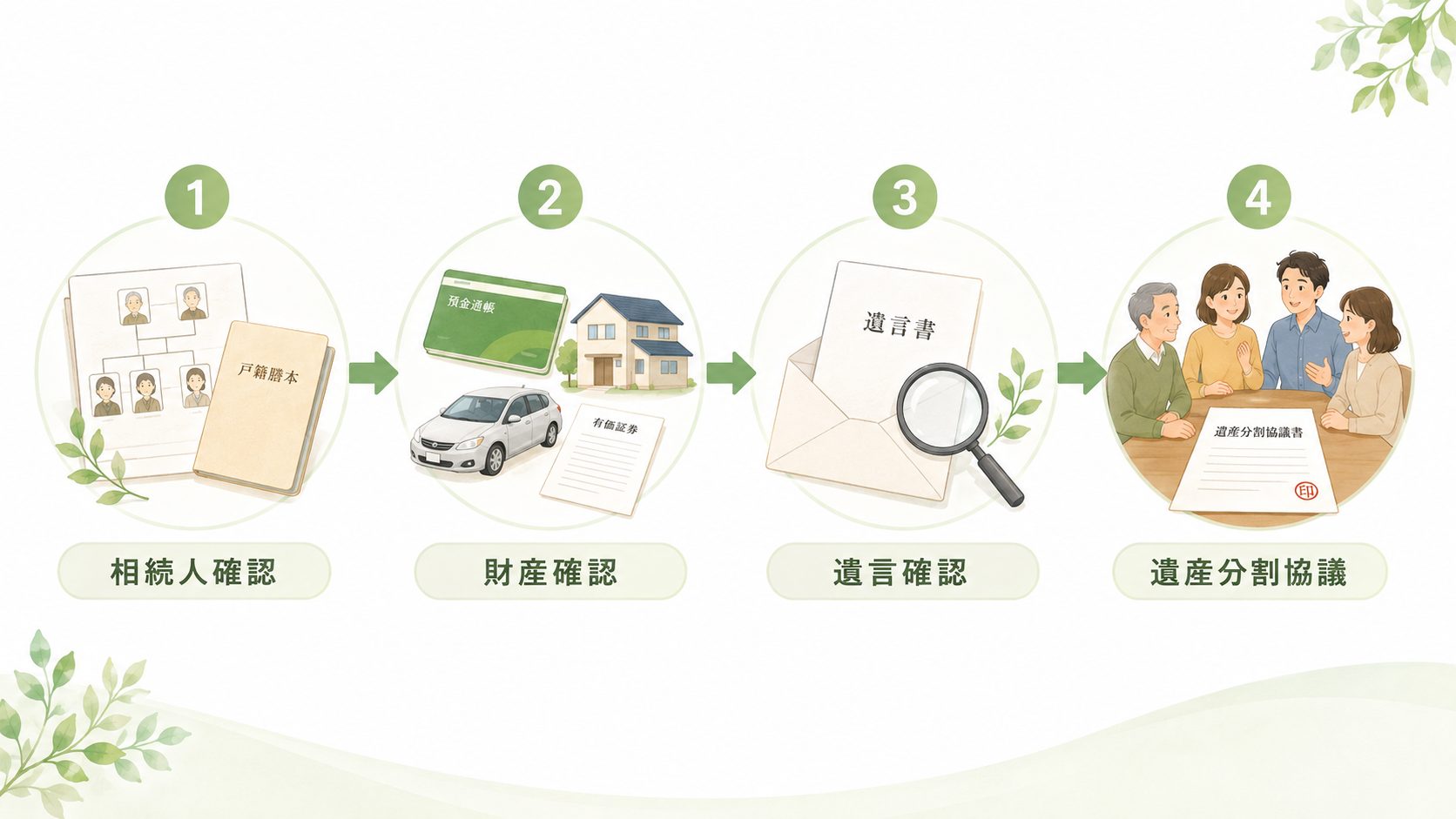 周南市での相続手続きの基本的な流れを示したイラスト