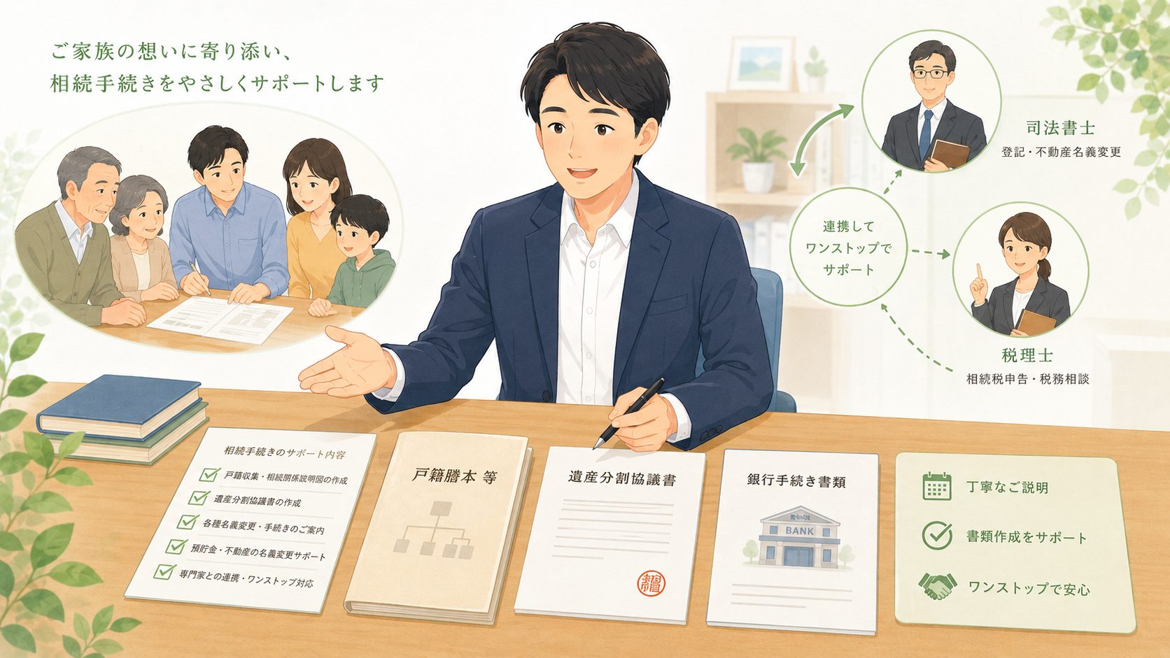 周南市の行政書士が相続手続きをサポートする内容のイラスト