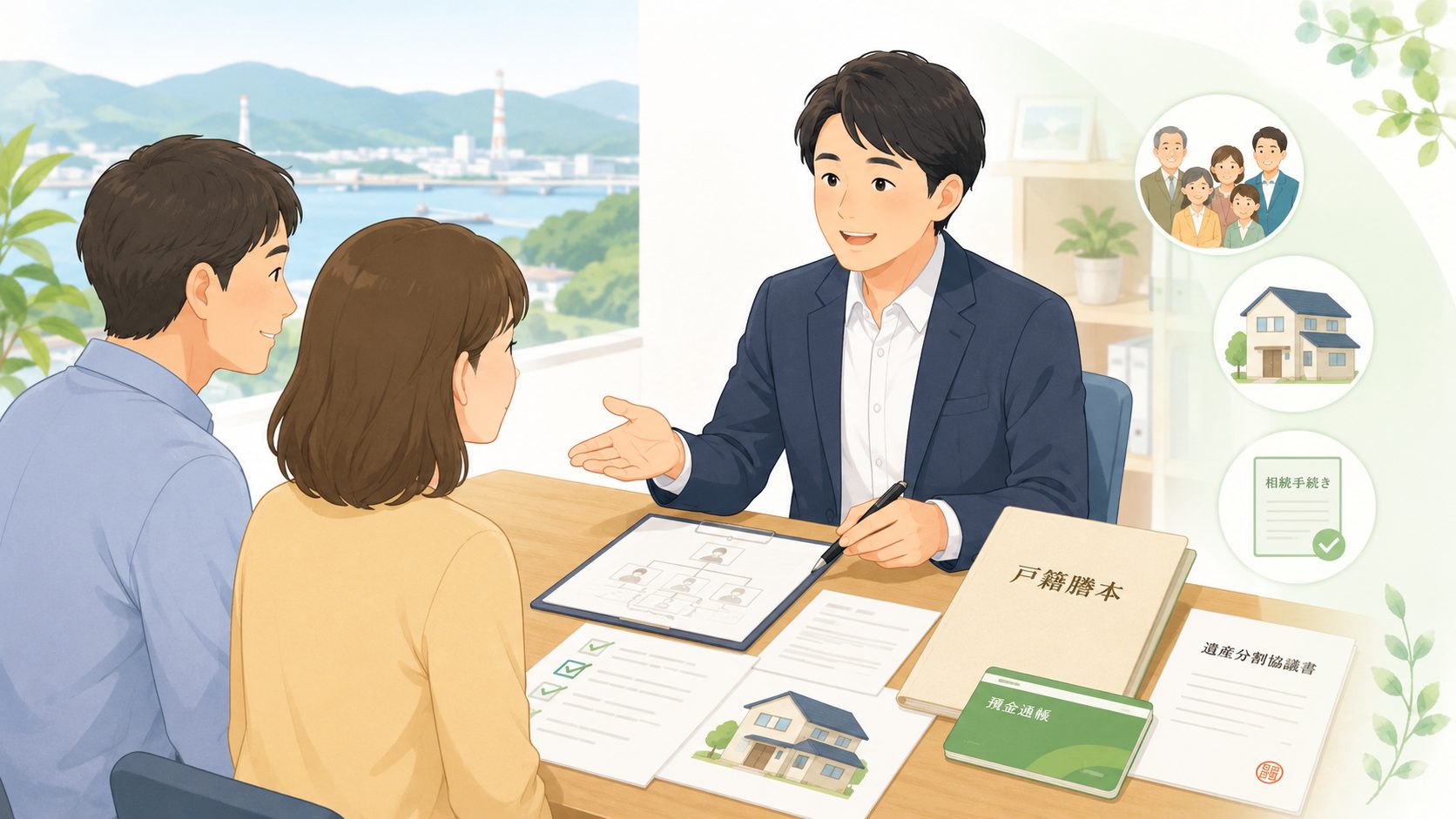周南市の相続手続きについて行政書士に相談するご家族のイラスト